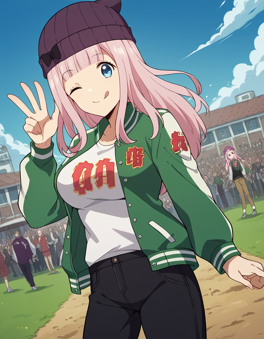 score_9, score_8_up, score_7_up, source_anime, chikafujiwara, <lora:chika-fujiwara-s3-ponyxl-lora-nochekaiser:1>, chika fujiwara, long hair, bangs, blue eyes, bow, pink hair, hair bow, blunt bangs, black bow, large breasts,, <lora:letterman-jacket-ponyxl-lora-nochekaiser:1>, letterman jacket, jacket,, outdoors, crowd, people, v, v over eye, one eye closed, tongue out, smile, beanie, pants, open clothes, open jacket,, cowboy shot, solo, looking at viewer, dutch angle,