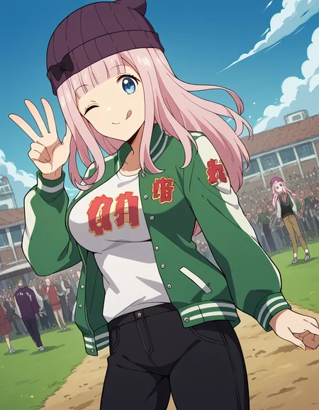 score_9, score_8_up, score_7_up, source_anime, chikafujiwara, <lora:chika-fujiwara-s3-ponyxl-lora-nochekaiser:1>, chika fujiwara, long hair, bangs, blue eyes, bow, pink hair, hair bow, blunt bangs, black bow, large breasts,, <lora:letterman-jacket-ponyxl-lora-nochekaiser:1>, letterman jacket, jacket,, outdoors, crowd, people, v, v over eye, one eye closed, tongue out, smile, beanie, pants, open clothes, open jacket,, cowboy shot, solo, looking at viewer, dutch angle,