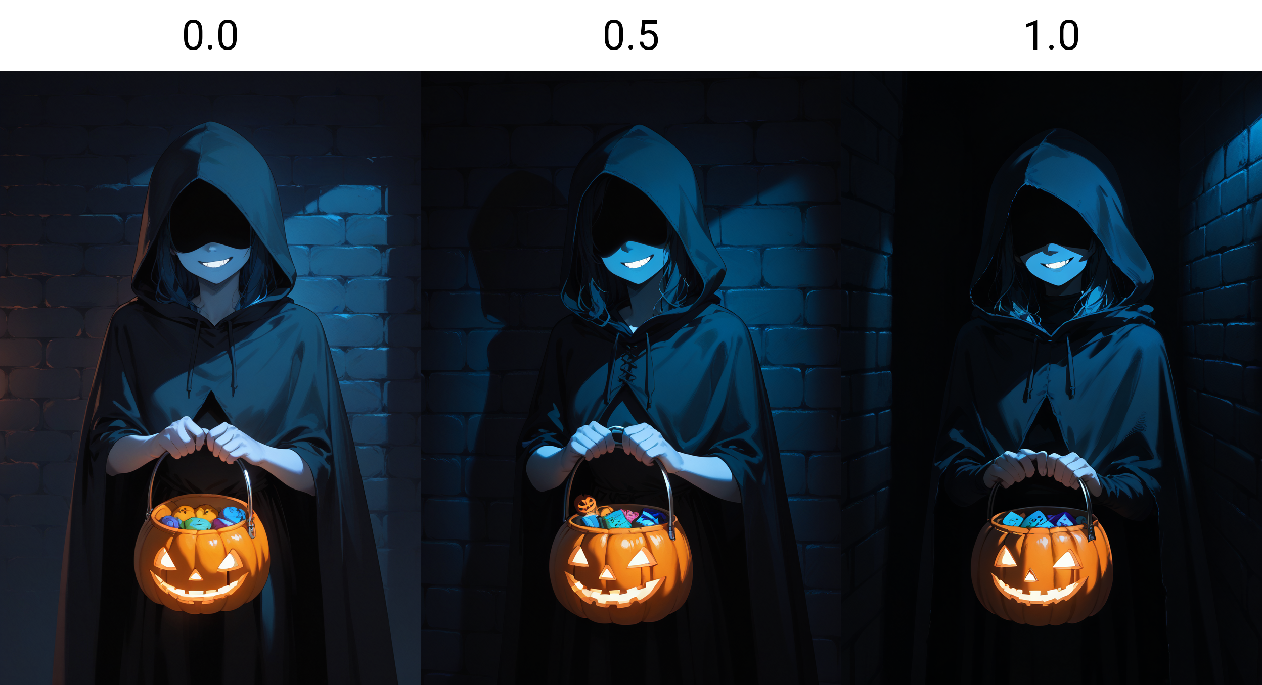 score_9, score_8_up, score_7_up, score_6_up, <lora:dark_v1.9-pony:0.0>
dark theme, dim lighting, blue light,dark room, shadow,
jack-o'-lantern, brick wall,halloween bucket, costume, hooded cloak, shaded face, evil smile,