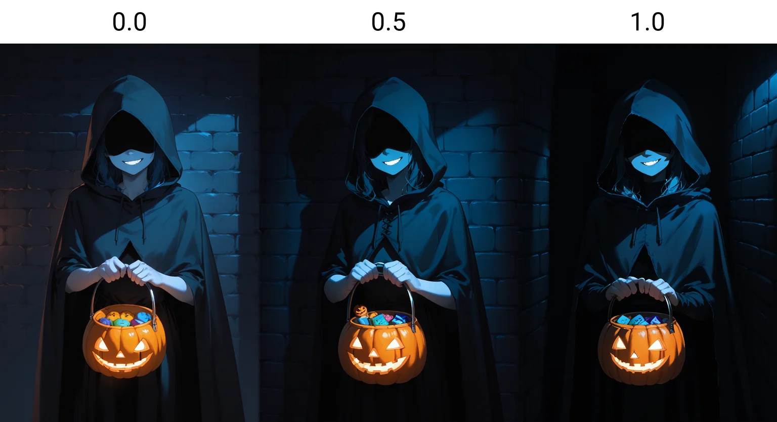 score_9, score_8_up, score_7_up, score_6_up, <lora:dark_v1.9-pony:0.0>
dark theme, dim lighting, blue light,dark room, shadow,
jack-o'-lantern, brick wall,halloween bucket, costume, hooded cloak, shaded face, evil smile,