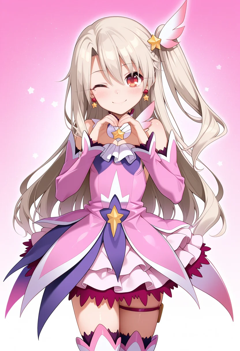 <lora:prisma_illya_zwei_form.v2:1>,illyasviel von einzbern,prisma illya,magical girl,hair ornament,red eyes,detached sleeves,star \(symbol\),earrings,jewelry,dress,one side up,skirt,pink sleeves,layered skirt,thighhighs,thigh boots,
heart hands,smile,one eye closed,
masterpiece,best quality,amazing quality,