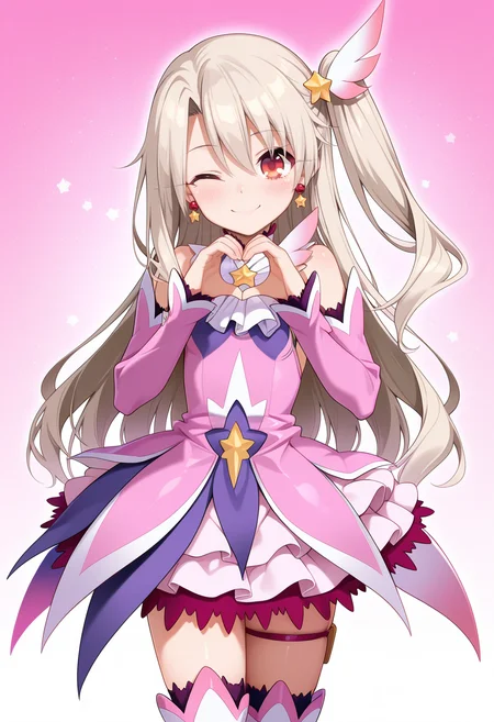 <lora:prisma_illya_zwei_form.v2:1>,illyasviel von einzbern,prisma illya,magical girl,hair ornament,red eyes,detached sleeves,star \(symbol\),earrings,jewelry,dress,one side up,skirt,pink sleeves,layered skirt,thighhighs,thigh boots,
heart hands,smile,one eye closed,
masterpiece,best quality,amazing quality,