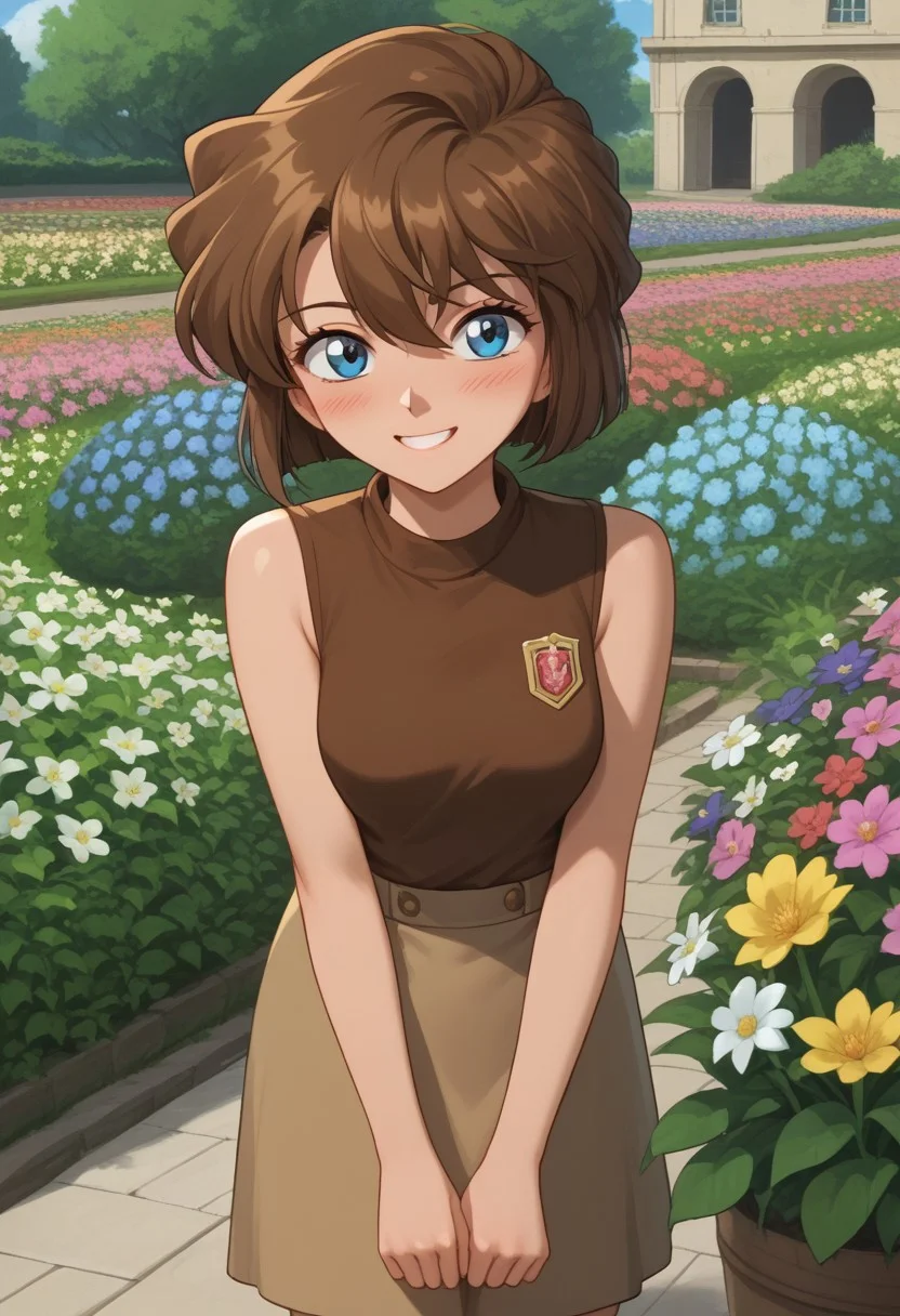 AiHaibaraDCXL, mature woman, retro artstyle, big eyes, blue eyes, brown hair, hair between eyes, short hair, brown sleeveless shirt, brown mini skirt, white short socks, brown sport shoes,
(nsfw), (uncensored), (score_9), score_8_up, score_7_up, source_anime, cowboy shot, dynamic pose, 1 Female, solo, happy smile joy, blush, ashamed, shy, sexy, charming, alluring, seductive, enchanting, erotic,
((outdoors)), ((flower garden)), ((flowers)), ((many flowers)), spring petals, petals of flowers, spring, falling petals,