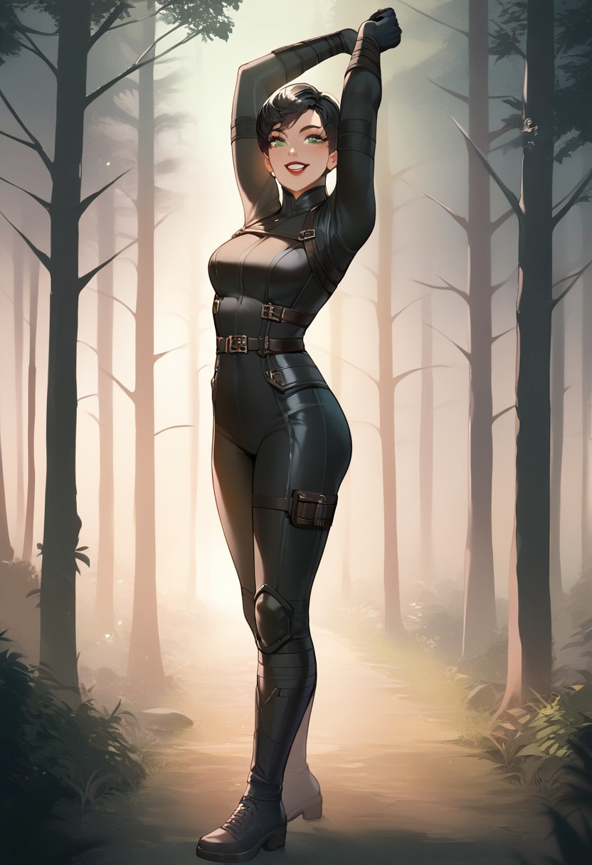 score_9, score_8_up, score_7_up, source_anime, ((1girl)), yurikosmtiv, black hair, short hair, lipstick, mole under eye, makeup, green eyes, black bodysuit, night, forest, forest fire, natural lighting arms rise, hands rised above head, looking up, ephoric smile, joyful face, blissfull, full body shot, standing, easynegative