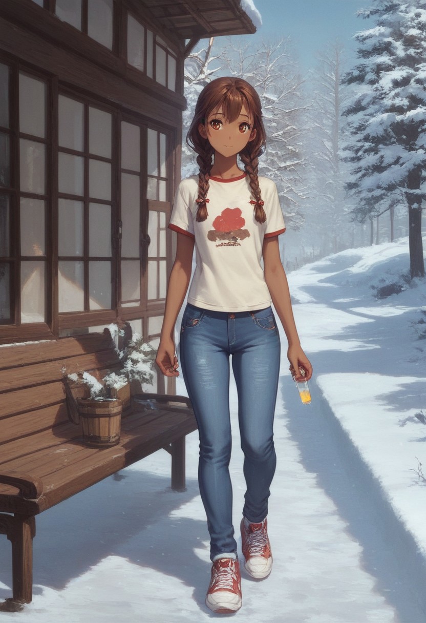 score_9, score_8_up, score_7_up, 1girl, solo, Mexican, brown hair, brown eyes, dark skin, detailed eyes, long hair, braids, pigtails, hair ties, T-shirt, blue jeans, sneakers, different socks, standing on porch, postmodern house, glass, snow, tree, next to kyo_sohma