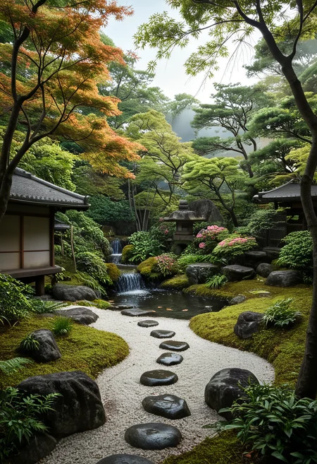 d577:0.25, A realistic Japanese courtyard garden with moss-covered mounds,natural stones and neatly arranged stepping stones forming a winding path, wabi-sabi aesthetics, spatial layering, and material harmony, a japanese garden with a waterfall and a small waterfall in the middle of the garden, surrounded by rocks and green grass, trees and bushes and foliage and bridge and bridge is in background on left side of picture and bridge ' s lights and lights, cinematic lighting, glossy paper, iso150, 35mm, score_9, score_8_up, score_7_up, intricate details, Hyperrealism style, 3d, concept-art, dreaminess, psychedelic, shallow-depth-of-field, cinematic lighting, soft bokeh, very beautiful composition, Unreal, real-time 3D, Epic Games style, Unreal Engine style, 3d-rendering, vibrant contrast depth and shadow enhanced using (Gaussian blur) for a soft background focus, (sharpen filter) applied, (color grading) to enhance contrast between warm and cool tones, (noise reduction) for a smooth, clean finish, (HDR toning) used for extra depth and detail, highly detailed dreamy background detailed skin texture, subsurface scattering award-winning, professional, highly detailed . dreamlike, mysterious, provocative, symbolic, intricate, detailed, hyper-detailed, masterpiece, award winning, midjourneyv6.1