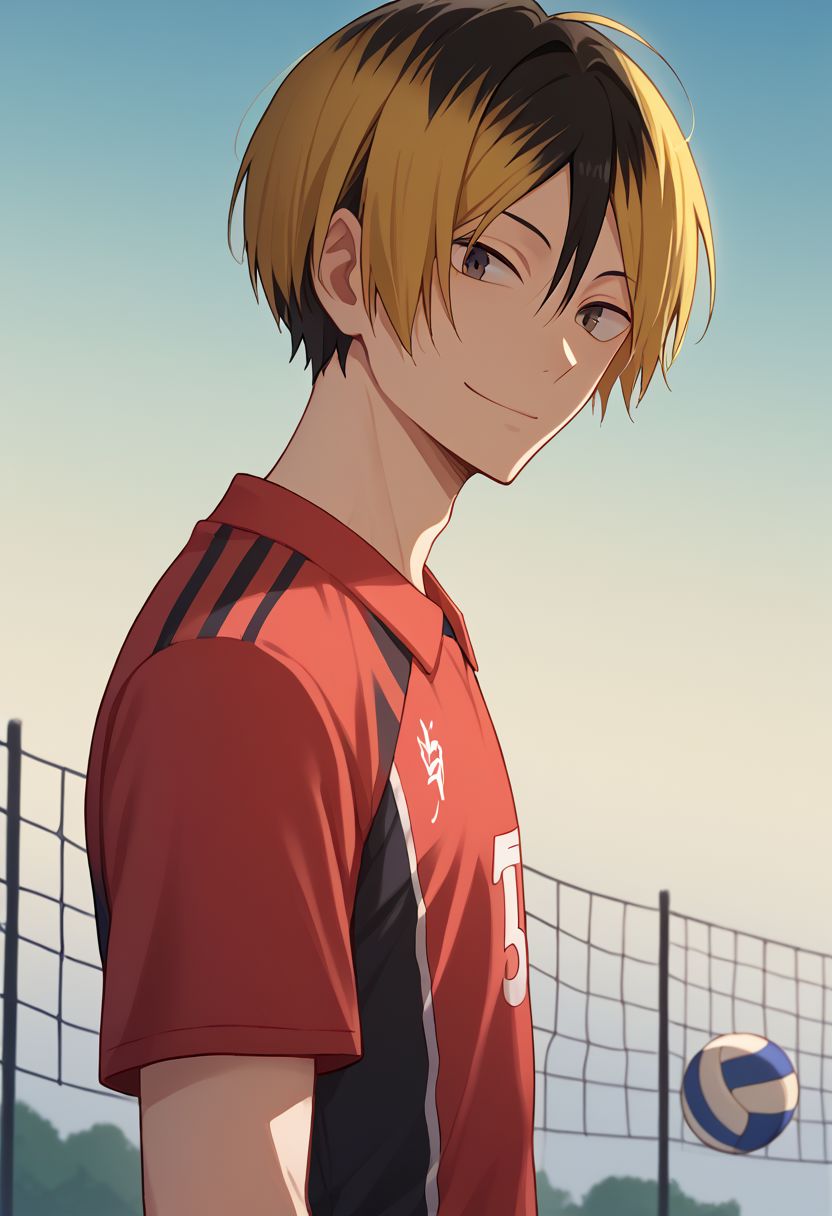 score_9, score_8_up, score_7_up, source_anime, highly detailed, 
kenma, 1boy, male focus, solo, blonde hair, sportswear, volleyball uniform, multicolored hair, shorts, two-tone hair, black hair, red short, upper body, skinny, slender, short height, smile, looking at viewer,
outdoor,