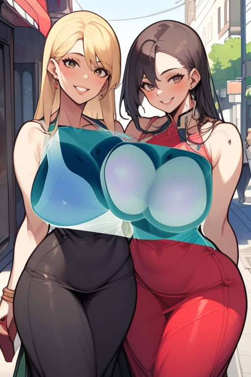 4k,masterpiece,2girls,<lora:breast_implants_sd_v1.2:1>,breast implants,street,smile,long skirt,realistic,