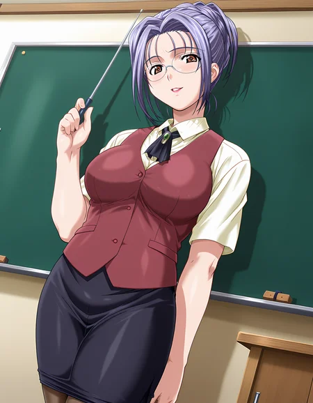 masterpiece, best quality, amazing quality, official art, ultra highres, very aesthetic,
1girl, mature female, katsuragi_megumi, glasses, hair up, purple hair, brown eyes, makeup,
red teacher, black pencil skirt, pantyhose, BREAK
tender smile, parted lips,
standing, holding pointer, in classroom, chalkboard, dynamic angle, deep contrast of light and dark, sharp focus, depth of field, best hands
<lora:katsuragi megumi v1.0-000010:1>