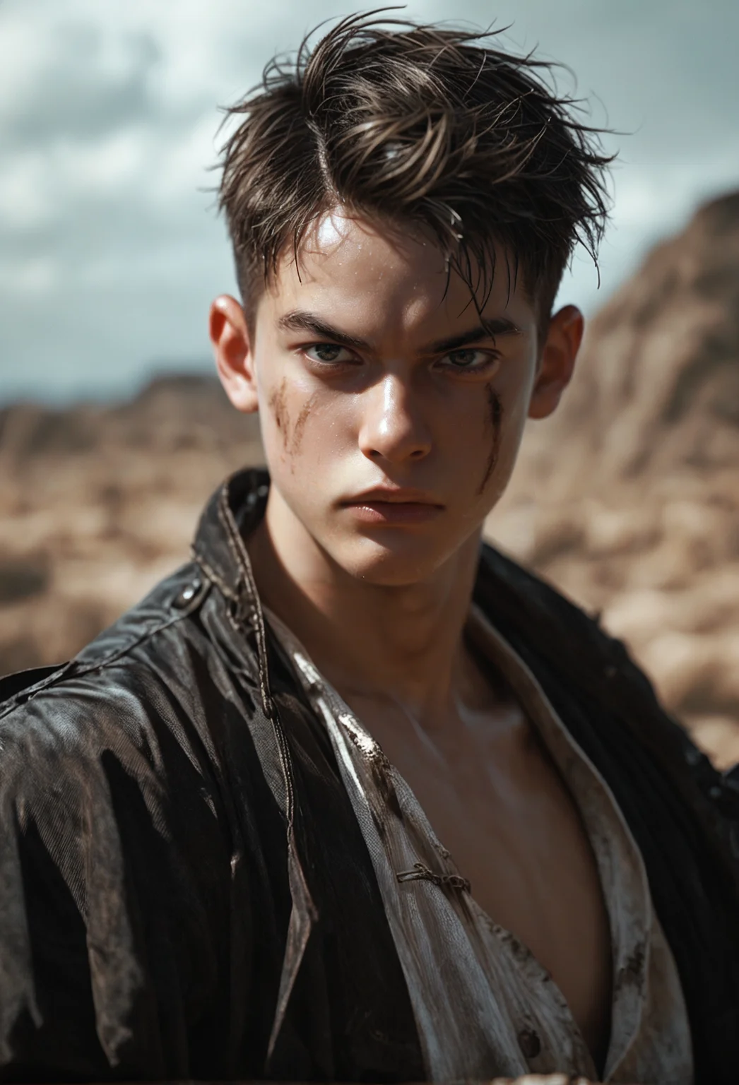 score_9, score_8_up, score_7_up, A highly detailed illustration of a young boy who has lost his parents. He has a fierce and determined expression, with a sense of defiance in his eyes. The atmosphere around him is dark and somber, reflecting his inner turmoil and resilience. The background is a desolate, barren landscape, emphasizing his loneliness and struggle.