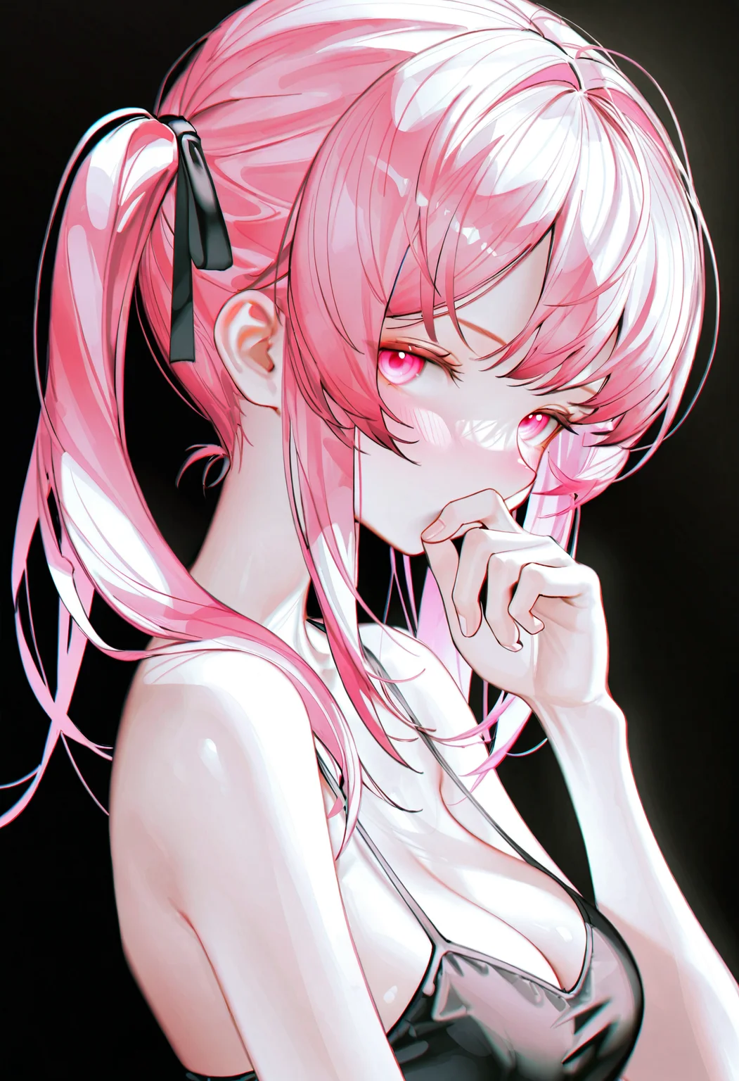 <lora:iumu_kam-illustriousXL_v01_V1-CAME-000035>, iumu_kam, 1girl, solo, breasts, pink hair, long hair, pink eyes, looking at viewer, black background, twintails, cleavage, covering own mouth, upper body, from side, simple background, hand over own mouth, sidelocks, hair ribbon, medium breasts, looking to the side, hand to own mouth, hand up, bare shoulders, ribbon, dress, covered mouth, blush, black dress, black camisole