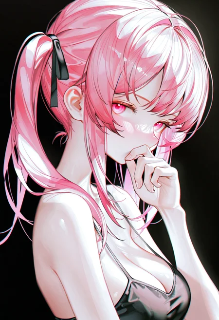 <lora:iumu_kam-illustriousXL_v01_V1-CAME-000035>, iumu_kam, 1girl, solo, breasts, pink hair, long hair, pink eyes, looking at viewer, black background, twintails, cleavage, covering own mouth, upper body, from side, simple background, hand over own mouth, sidelocks, hair ribbon, medium breasts, looking to the side, hand to own mouth, hand up, bare shoulders, ribbon, dress, covered mouth, blush, black dress, black camisole
