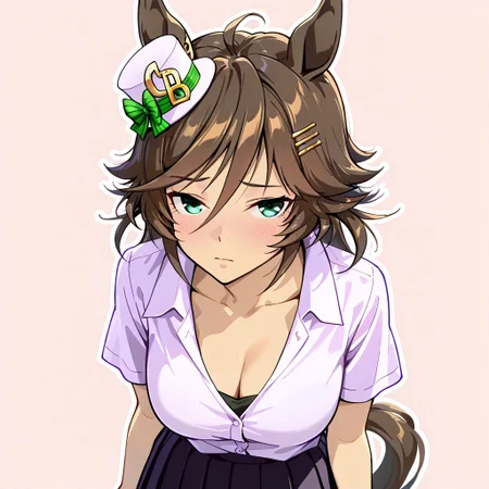 mr. c.b. \(umamusume\),
<lora:donburi_niku:1> d0nbr1_n1k, 1girl, solo,standing,looking at viewer, half-closed eyes, blush,black hair, short hair,white shirt, short sleeves, cleavage,black skirt,pink background, simple background,