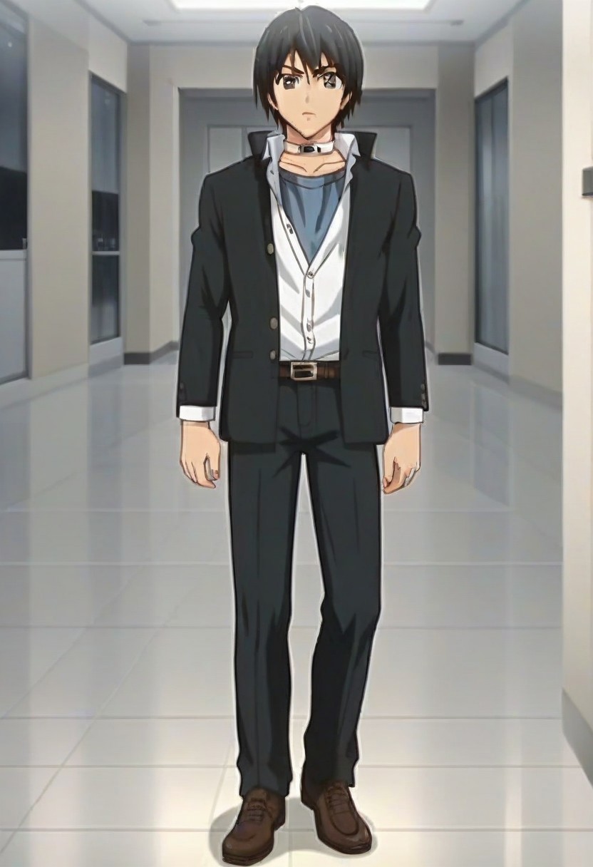 ((masterpiece)), ((best quality)), ((ultra-detailed)), score_9_up, score_8_up, score_7_up, HD, top quality, best quality, High-quality illustrations, anime screencap, perfect anatomy, 1boy, 1male, male anime character, anime boy, solo male, male focus, Keisuke Takatou,black hair,grey eyes,neck collar strap, handsome, attractive, cute, tall body, tall height, lean body, short black coat, tuck-in white polo shirt, belt, black pants, white mysterious room, serious expression, poker face, full body shot, head to feet shot