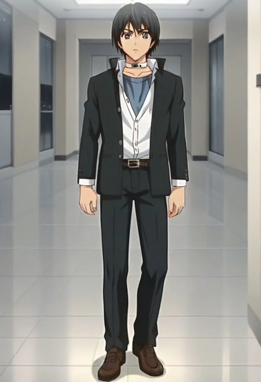 ((masterpiece)), ((best quality)), ((ultra-detailed)), score_9_up, score_8_up, score_7_up, HD, top quality, best quality, High-quality illustrations, anime screencap, perfect anatomy, 1boy, 1male, male anime character, anime boy, solo male, male focus, Keisuke Takatou,black hair,grey eyes,neck collar strap, handsome, attractive, cute, tall body, tall height, lean body, short black coat, tuck-in white polo shirt, belt, black pants, white mysterious room, serious expression, poker face, full body shot, head to feet shot