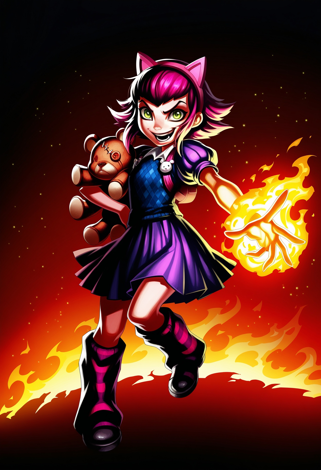 sinister, official art,
annie \(league of legends\), league of legends, 1girl, solo, looking at viewer, smile, short hair, open mouth, skirt, (evil smile:0.8),  animal ears, green eyes, purple hair, short sleeves, pleated skirt, hairband, puffy sleeves, cat ears,  puffy short sleeves, fake animal ears,  stuffed toy, stuffed animal, fire, teddy bear, 
intricate detail, light particles,
(traditional media,:0.7)(hatching \(texture\),: :0.3)(masterpiece:0.5)