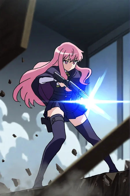 masterpiece, best quality, dark grey background, indoors, cinematic lighting, lens flare, flying debris, dust, smoke, amazing quality, very aesthetic, absurdres, best quality, newest, year 2023, Louise de La Valliere, Main Outfit, seductive body, solo, expressionless, aiming tactical shotgun, thigh gun holster, full body, <lora:JN_Louise_de_La_Valliere:0.8>