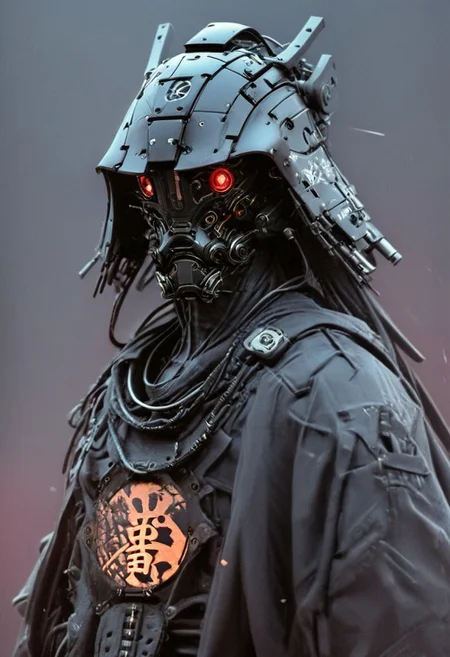 outdoors, Create a HR Giger inspired, mystical, and high-resolution image of a humanoid robot with intricate mechanical components. Open mouth, The character should be depicted in a manga cover style with wealthy portraiture and poster art elements. The image should feature rich colors and high contrast, focusing on the best quality, official art, and a beautiful and aesthetic appearance. Include fractal art elements and a colorful background with a splash of color. Use a movie perspective and an advertising style, similar to a magazine cover. Cyborg samurai should be shown solo, wearing Japanese clothes and armor, and standing in a cowboy shot pose. The robot should have a outworn shirt, tattoos, muscular abs, shoulder armor, and a metallic colorful Neon flowers in the background. Emphasize a samurai theme with a cyberpunk scenery background and translucent dark-red elements.