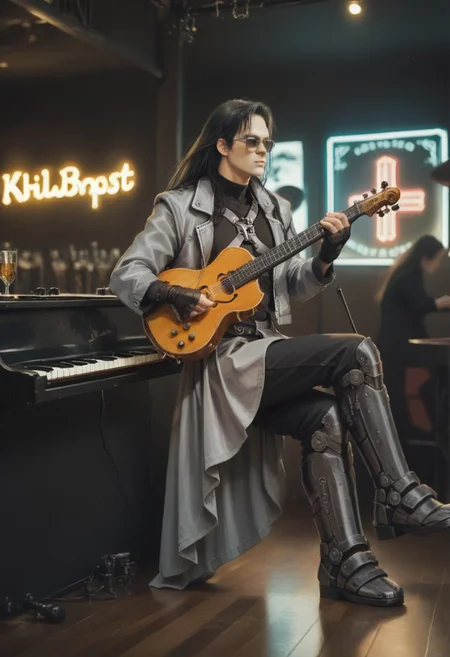 score_9, score_8_up, score_7_up, hugbaldw, cutoff jacket, body harness with holy cross design, long black hair, charcoal greaves, gray skirt, black shirt, black pants, black fingerless gloves, long legs, slender legs, playing saxophone, wearing sunglasses, indoors, on stage, bar, neon sign