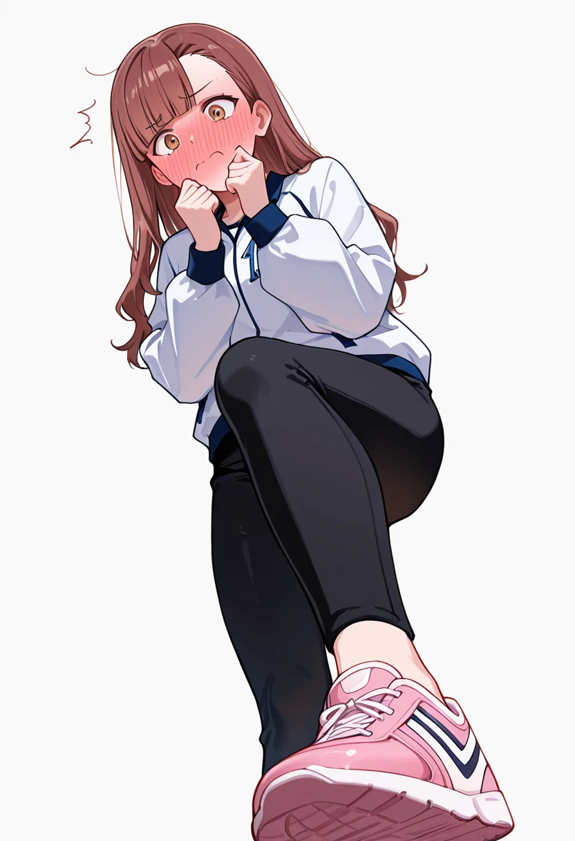 masterpiece,high quality details, absurdres,
 <lora:Nagisa_Satou:0.8>
nagisa_cnr, 1girl, brown hair, long hair, blunt bangs, asymmetrical bangs, brown eyes, 
sportswear, white shirt, white jacket, long sleeves, black pants, pink  sneakers,, simple background, white background, from below,solo,, full-face blush,flustered,