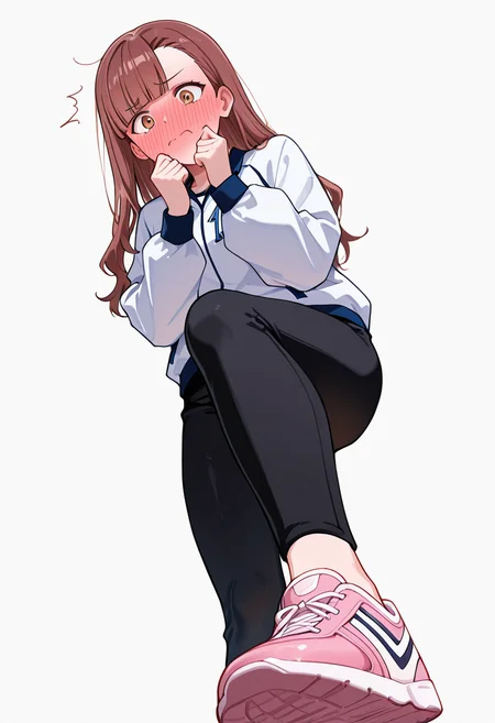 masterpiece,high quality details, absurdres,
<lora:Nagisa_Satou:0.8>
nagisa_cnr, 1girl, brown hair, long hair, blunt bangs, asymmetrical bangs, brown eyes,
sportswear, white shirt, white jacket, long sleeves, black pants, pink sneakers,, simple background, white background, from below,solo,, full-face blush,flustered,