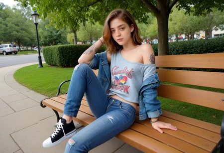 safe_pos, andrea, 1girl, solo, park bench, public park, off shoulder, oversized shirt, skinny jeans, arm tattoo, freckles, very small breasts, braless, sneakers, bracelet, jean jacket