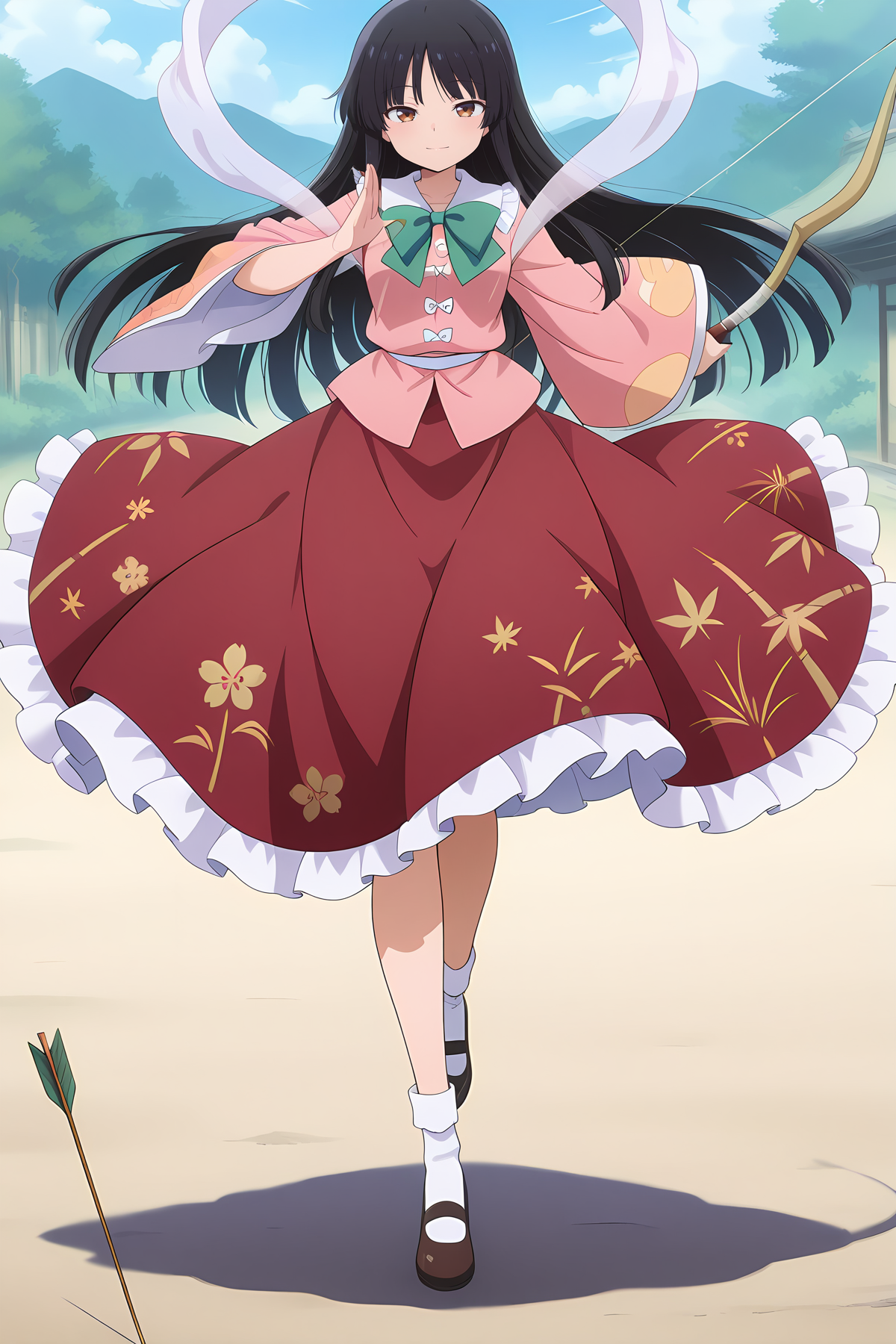 absurdres, highres, masterpiece, best quality, amazing quality, official anime artwork, screencap, anime screencap, outdoors, looking at viewer, light smile, dynamic pose,
 <lora:Kaguya-Houraisan_Illustrious:1> houraisan kaguya, 1girl, solo, brown eyes, black hair, long hair,, pink shirt, long sleeves, wide sleeves, green bowtie, red skirt, long skirt, floral print,  bow (weapon), arrow (projectile), hagoromo, white hagoromo,  hime cut,