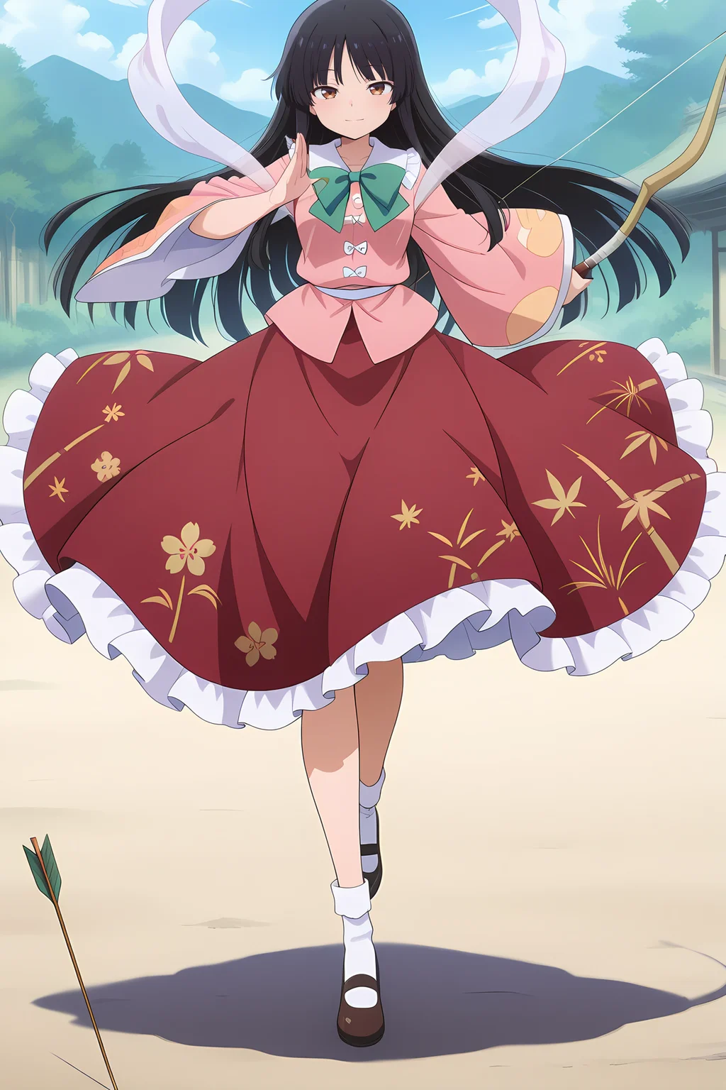 absurdres, highres, masterpiece, best quality, amazing quality, official anime artwork, screencap, anime screencap, outdoors, looking at viewer, light smile, dynamic pose,
<lora:Kaguya-Houraisan_Illustrious:1> houraisan kaguya, 1girl, solo, brown eyes, black hair, long hair,, pink shirt, long sleeves, wide sleeves, green bowtie, red skirt, long skirt, floral print, bow (weapon), arrow (projectile), hagoromo, white hagoromo, hime cut,