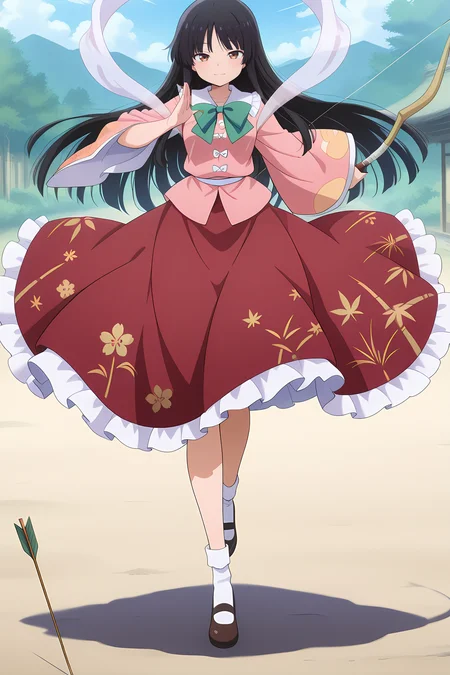 absurdres, highres, masterpiece, best quality, amazing quality, official anime artwork, screencap, anime screencap, outdoors, looking at viewer, light smile, dynamic pose,
<lora:Kaguya-Houraisan_Illustrious:1> houraisan kaguya, 1girl, solo, brown eyes, black hair, long hair,, pink shirt, long sleeves, wide sleeves, green bowtie, red skirt, long skirt, floral print, bow (weapon), arrow (projectile), hagoromo, white hagoromo, hime cut,