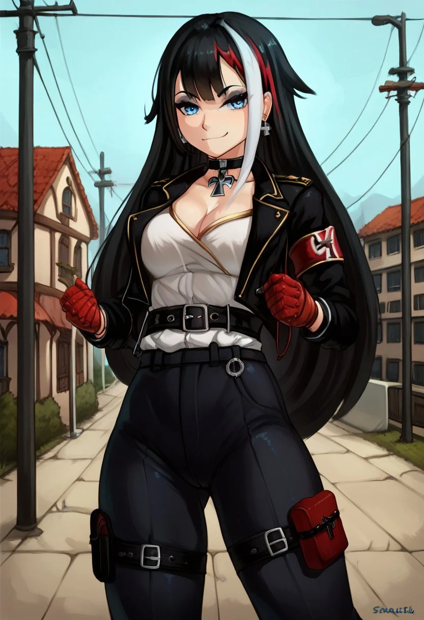 score_9, score_8_up, best quality, seraziel, Black Hair, Long hair, Streaked Hair, Multicolored Hair, Blue Eyes, 1girl, very aesthetic, masterpiece, 8k, black miniskirt, thighs, thick thighs, deutschland, iron blood \(emblem\), military clothes, military uniform, camo pants, belt, belt bucle, white shirt, german jacket, 1 red armband, (goth:0.9), black eyeshadow, colored inner hair, choker, iron cross choker, iron cross, cross earrings, iron cross earrings, five fingers, perfect hands, ultra-detailed, aesthetic, illustration, intricate details, absurdres, (hires textures: 1.4), (best quality, high detail:1.4), (incredibly detailed:1.4), detailed face, perfect skin, perfecteyes, solo, (muscular female:0.4), (athletic body:0.8), five fingers, perfect hands, solo, smug, street, outdoor,
