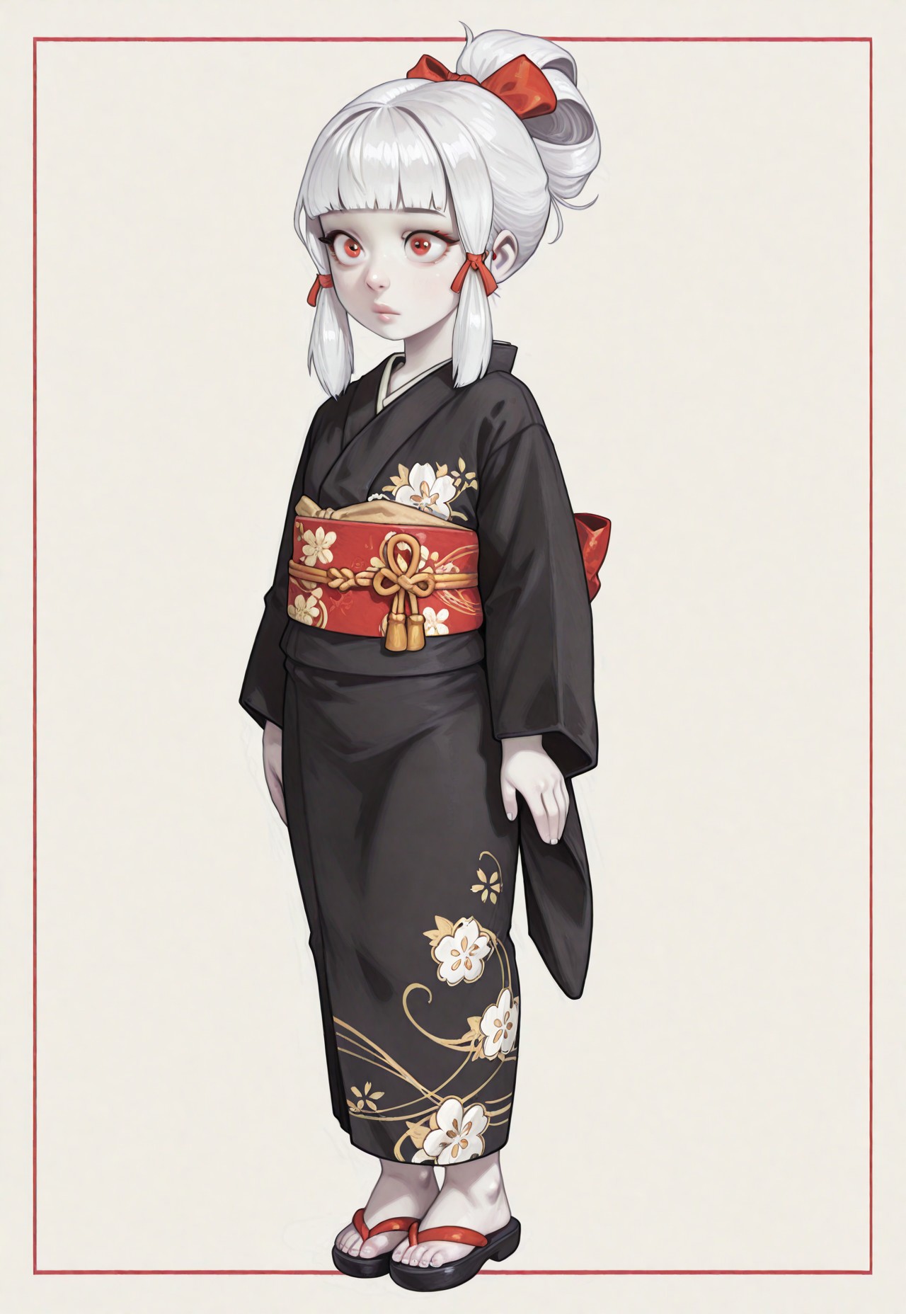 best quality, masterpiece, very aesthetic, absurdres, highres, detailed, detailed skin, HD, 4K, geh1, galacticmichi, semi-realistic, rimixa, possmach, arrusa, orenji, 1girl, solo, Shiragiku\(FF\), short hair, bangs, blunt bangs, sidelocks, white hair, red eyes, red ribbon, hair ribbon, pale skin, flat chests, petite body, young, japanese clothes, kimono, black kimono, floral print, black obi, sash , sandals with red straps,