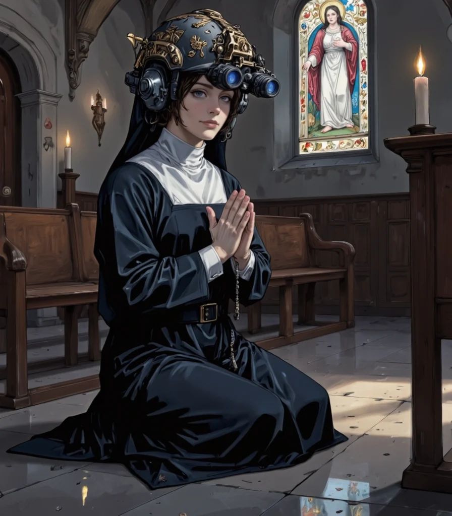 anime art of, A nun kneeling in prayer in a dimly lit chapel, wearing n0ds on her head, seamlessly integrated into her nun's hood and habit. The protective headpiece is adorned with intricate biblical iconography etched into its matte black surface, including cherubs, vines, and a prominent golden cross on the side. The n0ds are equipped with a dual-tube optical device, featuring two forward-facing cylindrical lenses that emit a faint blue glow, with fine wiring subtly blending into the headpiece's design. Her traditional black and white habit flows gracefully around her as she clasps her hands together, a rosary dangling from her fingers. The chapel is illuminated by the soft flicker of candlelight, casting shadows across the stone walls and wooden pews, while a stained-glass window depicting a saint filters faint hues of red and blue onto the floor, completing the solemn and ethereal scene., wearing on head n0ds optical device attached to the front of the modern military helmet, (bio ink:0.5), Colored JJK Manga Style<lora:n0ds_epoch_23.safetensors:1.0:1.0> <lora:BioInk2FLUX.safetensors:0.5:0.5> <lora:Jujutsu_Kasien_Colored_Manga-000001.safetensors:1:1>