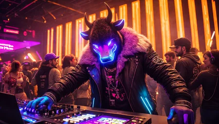 upper body, a cow dj, fur texture, detailed fur, futuristic clothes, technological glass, cyberpunk gadget, high tech pendant, wires, cybercow, dj, colorful clothes , quirky, vibrant appearance, playful accessories, creative behavior, imaginative, sensual, spontaneous, dj headphones, mixing console, music club, night club, indie theaters, people dancing on the dance floor background, underground danceclub, highest quality, texture, intricate details, (cinematic lighting), RAW photo, 8k