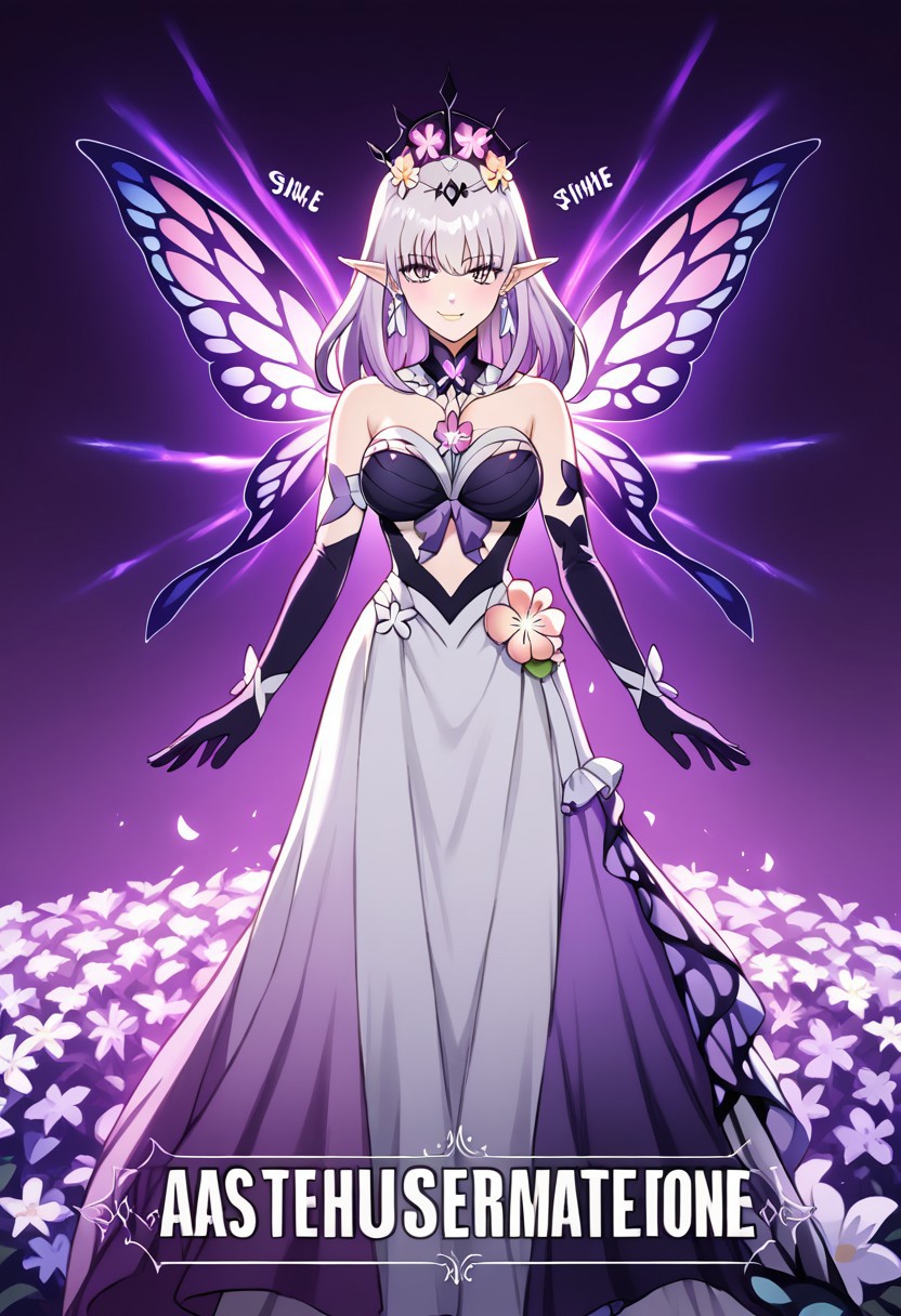 CastoriceHSR, 1girl, solo, long hair, light purple hair, hair flowers, hair ornament, purple eyes, pointy ears, earrings, lips, bangs, black tiara, collar, cleavage, large breast, dress ornament, asymmetrical clothes, flower ornament, backless dress, bare shoulders, strapless dress, elbow black gloves, mismatched gloves, pantyhose, shoes, butterflies, jewelry, petals, ribbon, collarbone, weapon, scythe,
seductive pose, sexy pose, tease,  in the spotlight,,
smile,   jojo reference, 
score_9, score_8_up, score_7_up, beautiful aesthetic, very intricate, high quality details,vibrant, highly detailed, award-winning, professional,anime artwork, anime style, studio anime, athletic, curvy body, athletic girl, perky tits,large breast,perfect tits, round breasts, nipple outline,looking at viewer, pinup pose,teasing, dynamic lighting, cinematic, smug, better than you, aura of temptation, highly detailed, high resolution, masterpiece, detailed clothes, detailed background, highly detailed, ((sound effects)) comic layout,