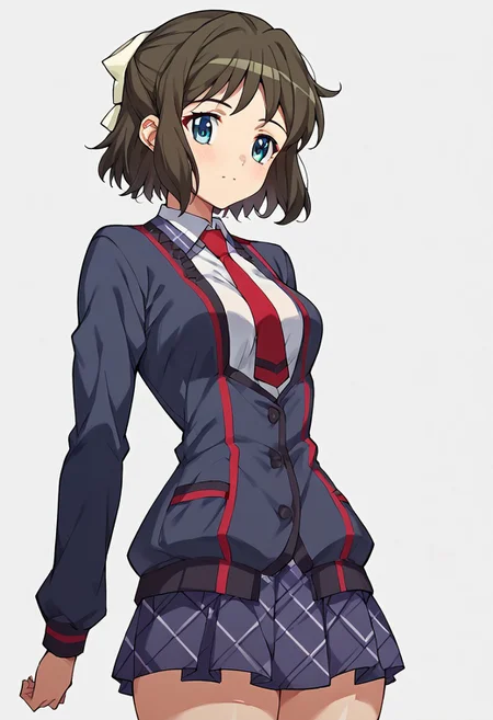 score_9, score_8_up, score_7_up, score_6_up, score_5_up, score_4_up, masterpiece, anime_lineart anime coloring, solo, big thighs, thin waist, medium breasts, White background, Kohinata Miku (Season 01), Short hair, Blue eyes, short hair, , School clothes, jacket, short skirt