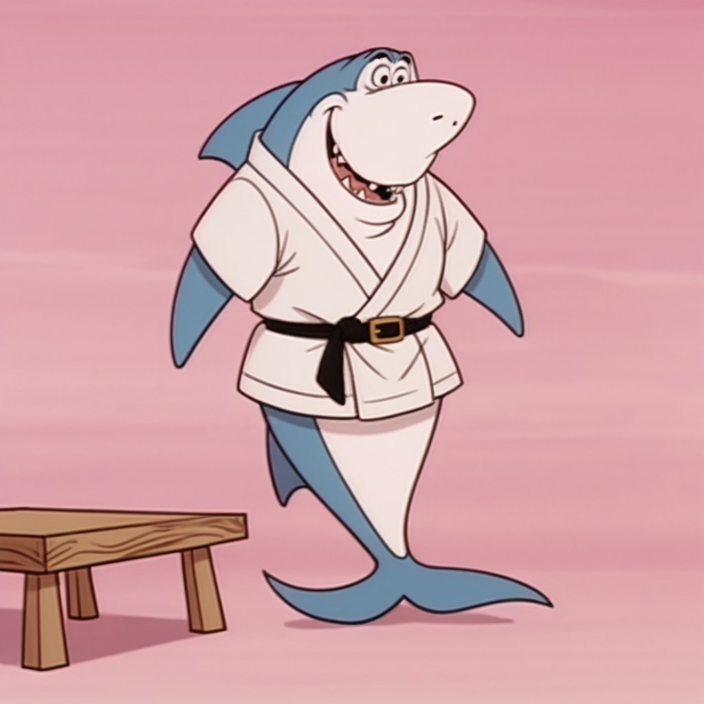score_9, score_8_up, score_7_up, score_6_up, score_5_up, score_4_up, source_furry, jabberjawHB, feral, male, shark, blue skin, dougi, black eyes, pink background, sharp teeth, belt, teeth, parody, martial arts belt, table, standing