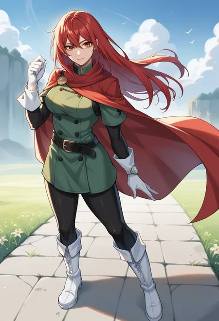 score_9, score_8_up, score_7_up, score_6_up, 1boy, solo, source_anime, BREAK gr34tsm4n, green tunic, black belt, white boots, black bodysuit, red hair, long hair  white gloves, wristwatch, red cape, cowboy shot, curvy, outdoors, looking at viewer,