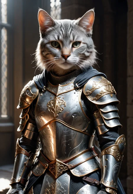 <lora:RMSDXL_Creative:2.5> kneeling cat knight, portrait, finely detailed armor, intricate design, silver, silk, cinematic lighting, 4k, --ar 9:16  --beta --upbeta <lora:RMSDXL_Creative:2.5>