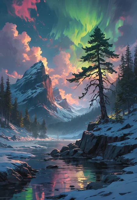 Under the eerie glow of a full moon,a dark and ominous landscape unfolds. A vibrant, colorful pine stands by the edge of a serene lake,its vivid hues contrasting starkly with the foreboding atmosphere. In the background,a waterfall cascades down jagged rocks,the water glistening in the moonlight. Thick,swirling clouds loom overhead,adding to the sense of an evil presence. winter landscape, aurora borealis, northern lights, The moonlight filters through the clouds,casting an otherworldly glow over the scene. The air is thick with mysticism,as if the very night holds ancient secrets and dark magic.  [romantic impressionism,dream scenery art,beautiful oil matte painting,romantic,style of thomas kinkade,beautiful digital painting,anime landscape,romantic painting,dreamlike digital painting,colorful painting,beautiful gorgeous digital art,style of greg rutkowski,janek sedlar,jenny saville:0]