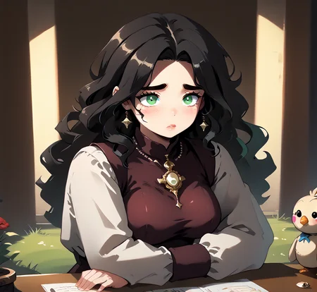 PonyScores7, source_anime, ah1, IllustriousQual, <lora:natsumi_style:0.5>, <lora:by_usakun-pony:0.4> by usakun, <lora:Akina_Bbw_Style_-_PonyXL:0.2> AkinBw
BREAK 1girl, mature female, (round face:1.2), (thick eyebrows:1.3), (curvy), round-chin, caucasian, (plump face), <lora:Round_face:0.2>, <lora:ETO_OCPonyXL:0.5> eto_oc, skindentation, (plump), thick thighs, wide hips, busty, voluptuous, lips, <lora:venus body PonyXL:0.4>, <lora:shinyskin2:0.2> glistening skin
BREAK  (curly hair), long hair, (black hair:1.4), (parted hair:1.7), messy hair, kinky curls, <lora:hairdetailpxl:0.2> hairdetailpxl
BREAK (brown and green eyes), (brown_flecked_irises), (green_flecked_irises), (colorful eyes), (multicolored eyes), (downturned eyes:1.4), <lora:expressive eyes:0.5> expressive eyes, <lora:eyedetailpxl:0.2> eyedetailpxl, <lora:Eyes_High_Definition:0.3> EyesHD
BREAK in denial, wide open eyes, closed mouth, o_o, blush, wide-eyed, surprised, sad,  <lora:Expressive_H:0.2> Expressiveh, <lora:Emotional_Anime_Expressions_PonyXL_Concept:0.2> emotional, <lora:Best_Facial_Expression_LoRA_PONY:0.2>, <lora:expresionesv3Rank128:0.2> expresiones, <lora:Detailed expressive EXEV style -XL Pony V1.0:0.2> FaceDetail 
BREAK ((Sitting with legs folded under, hands on the knees))
BREAK android green a sleek bodysuit featuring a dramatic cutout back, made from a stretchy, moisture-wicking fabric that highlights muscle tone, paired with classic ballet slippers
BREAK (((a luxurious check-in desk, featuring plush seating, elegant lighting, chic decor, and sophisticated counters)))
BREAK <lora:xl_more_art-full_v1:0.2>, <lora:aesthetic_anime_v1s:0.2>, <lora:EpicF4nta5yXL:0.2>, <lora:detailxl:0.2> detailxl, <lora:Fant5yP0ny:0.2>, best quality, amazing quality, best aesthetic, absurdres, illustration, Volumetric_Lighting, ultra-detailed, very aesthetic, intricate details, 8k, masterpiece, best_quality
BREAK (zoom_out:1.8), (sci-Fi Inspired fashion style, draws inspiration from science fiction movies, and futurism, features futuristic silhouettes,  and avant-garde designs, promotes imagination and innovation in fashion, explores concepts of technology)
BREAK Stable_Yogis_PDXL_Positives, AS-Adult, <lora:Complicated fantasy portrait - XL Pony V2.0:0.3>, bad-hands-5, <lora:HDA_Detailer:0.5>, HDA_FatGirlXL,