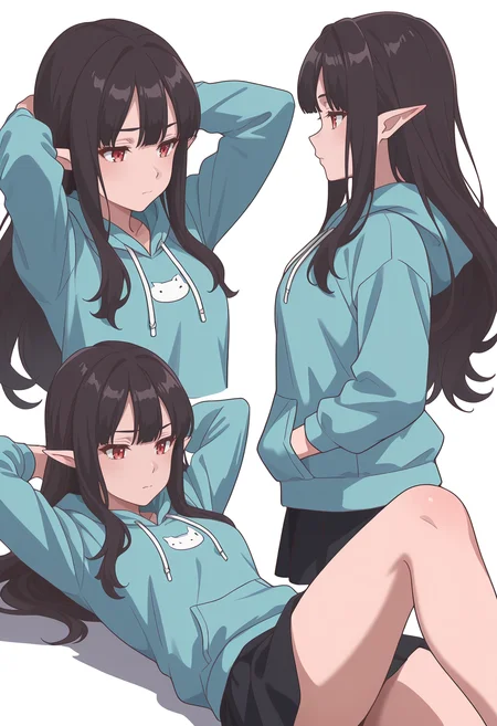 Smooth Quality,masterpiece,very intricate, high quality details, ultra realistic, high detailed skin,detailed enviorement,absurdres,
simple background, white background,
from side,disappointed,lying down, hands behind head, one knee bent, relaxed expression, casual vibe, ,
flared skirt, ,blazer, ,zip-up hoodie, , <lora:Reese_evecnn:0.8>evecnn,1girl, long hair, black hair, red eyes, pointy ears, bangs,