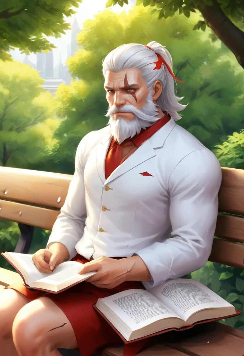 anime,reinhardt sitting on a park bench reading a book,smiling,full body,intricate detail,best quality,8K,UHD,<lora:xl-reinhardt-000012:0.7>,scar across eye,beard,white hair,
