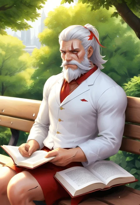 anime,reinhardt sitting on a park bench reading a book,smiling,full body,intricate detail,best quality,8K,UHD,<lora:xl-reinhardt-000012:0.7>,scar across eye,beard,white hair,