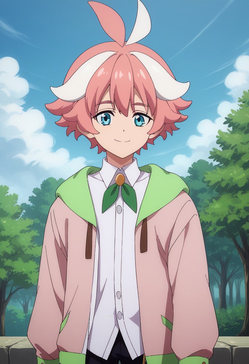 score_9, score_8_up, score_7_up, source_anime, highly detailed, 
itsuki, 1boy, male focus, solo, blue eyes, pink hair, multicolored hair, shirt, pants, hood, white hair, jacket, white shirt, ahoge, streaked hair, collared shirt, two-tone hair, long sleeves, black pants, pink jacket, ribbon, neck ribbon, green ribbon, smile,
outdoor, sky, sit, trees, upper body,