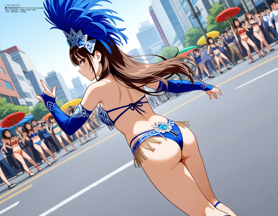 score_7_up, anime BREAK official art, solo, 1girl, one girl, 
dynamic angle, dynamic pose, megami magazine, 
BRERAK, 
<lora:Asakusa_Samba_Carnival_v2:0.8>, Asakusa Samba Carnival, outdoors, day, road, street, city, building, multiple girls, solo focus, dancing, Samba costume, 
ass, from behind, blurry background, blurry, gloves, look back, fishnets, blue costume, jewelry bikini, 6+girls, 
(masterpiece:1.3), best quality, high resolution, unity 8k wallpaper, extremely detailed CG, 8K, perfect anatomy, highly finished, masterpiece, best quality, high quality, amazing quality, great quality, very aesthetic, ultra detailed, highres, absurdres, highly detailed, highly detailed background,