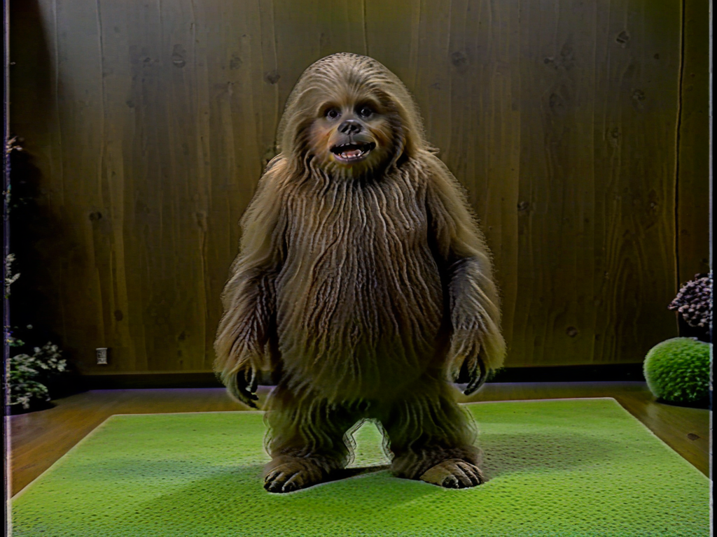 <lora:VHS_Pony:2.3> vhs footage of ((chewbacca)), wookie, green carpet, wood walls