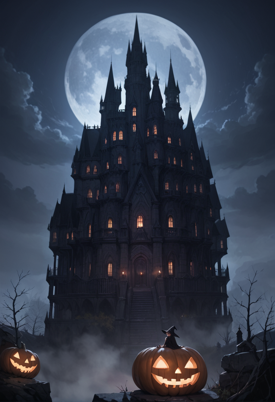 ,ruanyi1063,bare tree,castle,fog,night,dark,moon,
1girl,witch,flying witch,jack-o'-lantern,bat \(animal\),<lora:1063 castle_v1_pony:0.7>, score_9,score_8_up,score_7_up,,8k,1girl,solo,,