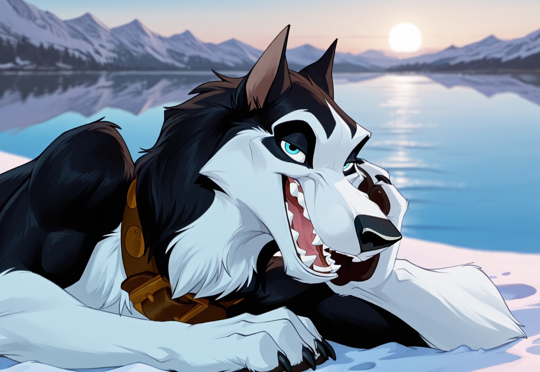 uncensored, masterpiece, best quality, highly detailed, realistic, 1boy, solo, SteeleBT, furry, feral, canine, dog, husky, blue eyes, back pupils, black nose, black body, black fur, white body, white fur, two tone body, two tone fur, brown dog collar, close-up, smile, open mouth, looking at viewer, snow, lake, outdoor, mountains, detailed background, sharp teeth, canine teeth, narrowed eyes, lying, on side, arm support, hand on own cheek, 4 fingers (paws, black claws), upper body, side view, lying on side