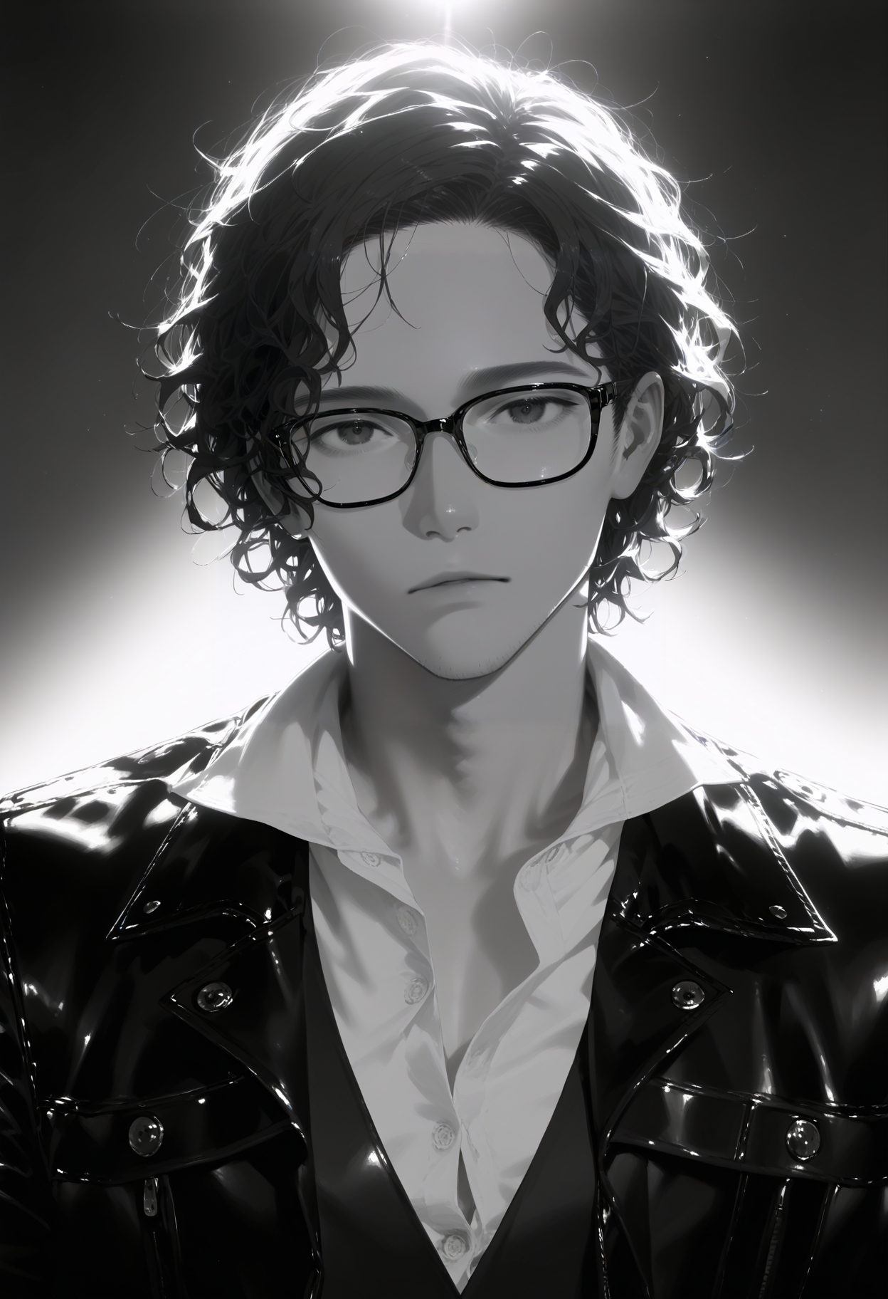 <lora:EtherPDXLStyleXL:1>, best quality, masterpiece, EtherPDXLStyle, 1boy, glasses, male focus, looking at viewer, collared shirt, monochrome, short hair, greyscale, backlighting, leather jacket, upper body, partially unbuttoned, realistic, curly hair, notched lapels, buttons, closed mouth, messy hair, parted lips, parted hair, gradient background, dress shirt, expressionless, white shirt, open collar, lapel pin, simple background, black jacket, spot color, vest, straight-on, nose, sidelighting, grey background, open jacket, open clothes, black-framed eyewear, wavy hair, semi-realistic