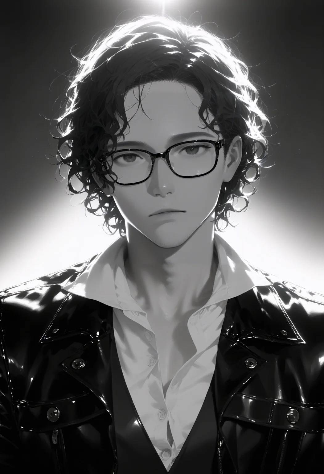 <lora:EtherPDXLStyleXL:1>, best quality, masterpiece, EtherPDXLStyle, 1boy, glasses, male focus, looking at viewer, collared shirt, monochrome, short hair, greyscale, backlighting, leather jacket, upper body, partially unbuttoned, realistic, curly hair, notched lapels, buttons, closed mouth, messy hair, parted lips, parted hair, gradient background, dress shirt, expressionless, white shirt, open collar, lapel pin, simple background, black jacket, spot color, vest, straight-on, nose, sidelighting, grey background, open jacket, open clothes, black-framed eyewear, wavy hair, semi-realistic